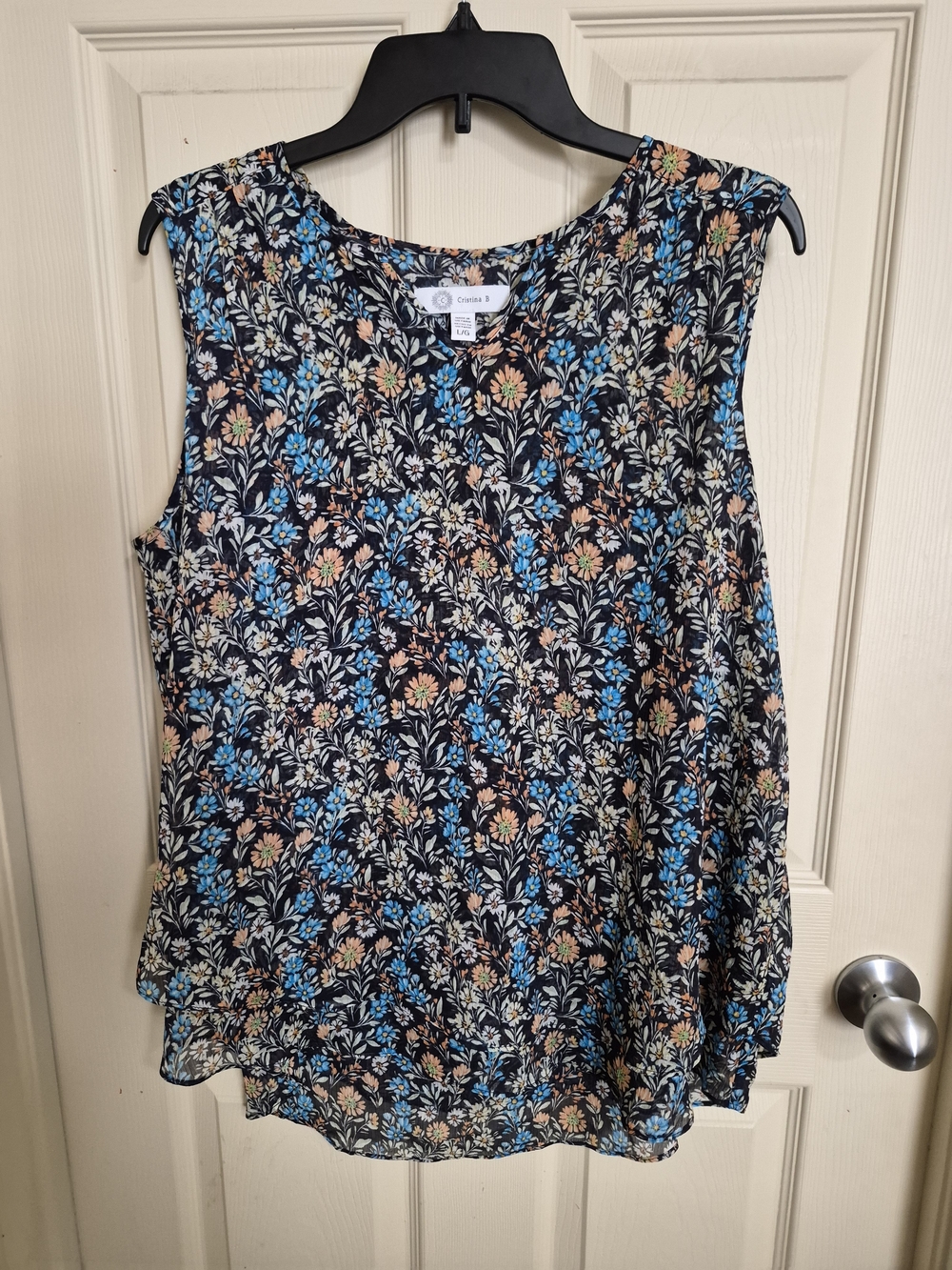 Size L Cristina B Navy Floral Sleeveless Blouse